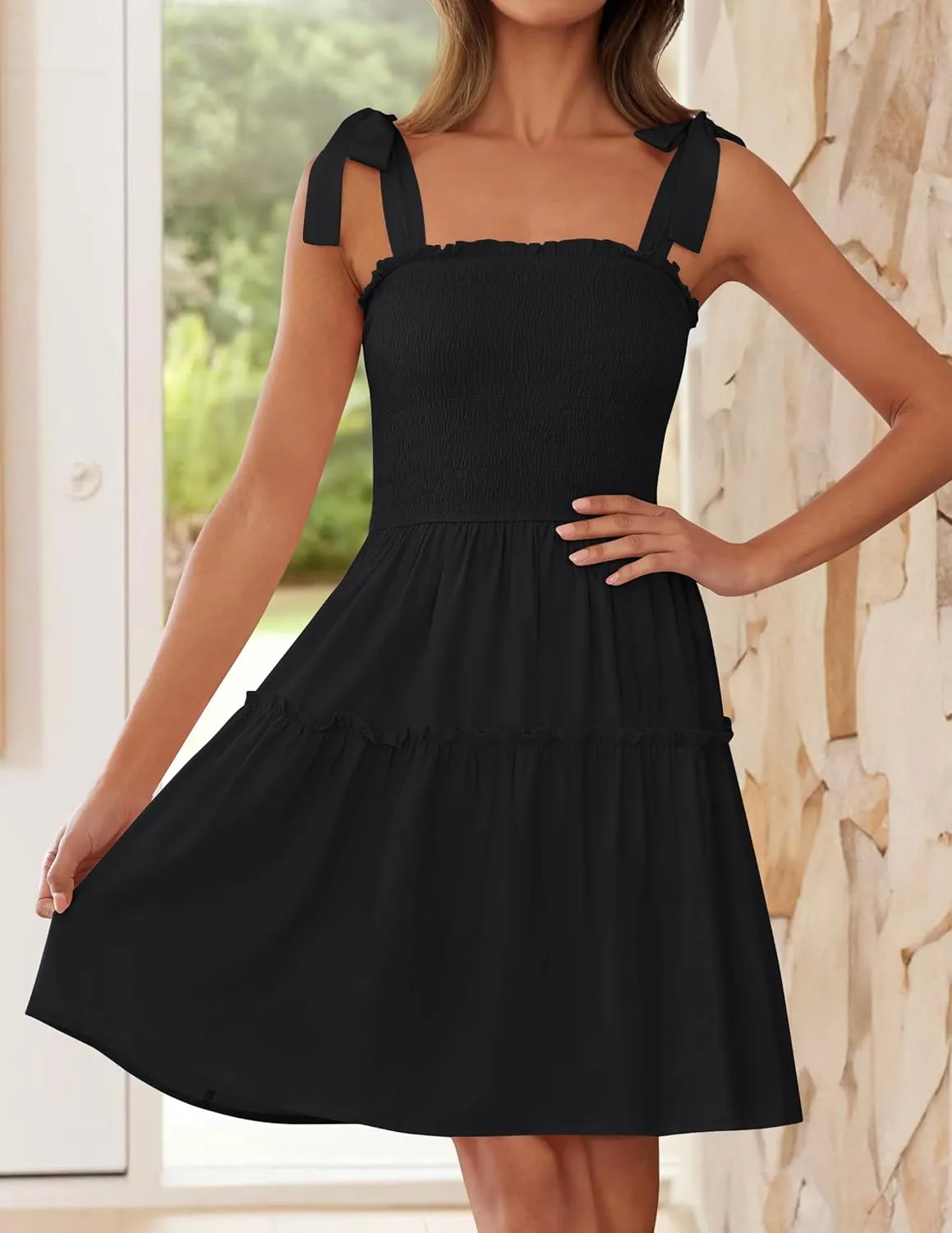 ZESICA Women's 2025 Summer Spaghetti Strap Sleeveless Square Neck Ruffle A Line Swing Mini Dress