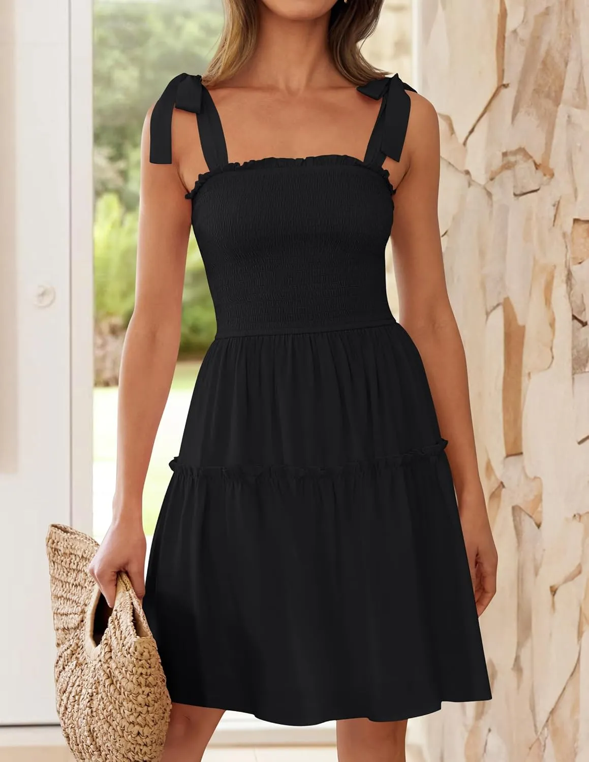 ZESICA Women's 2025 Summer Spaghetti Strap Sleeveless Square Neck Ruffle A Line Swing Mini Dress