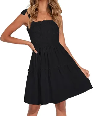 ZESICA Women's 2025 Summer Spaghetti Strap Sleeveless Square Neck Ruffle A Line Swing Mini Dress
