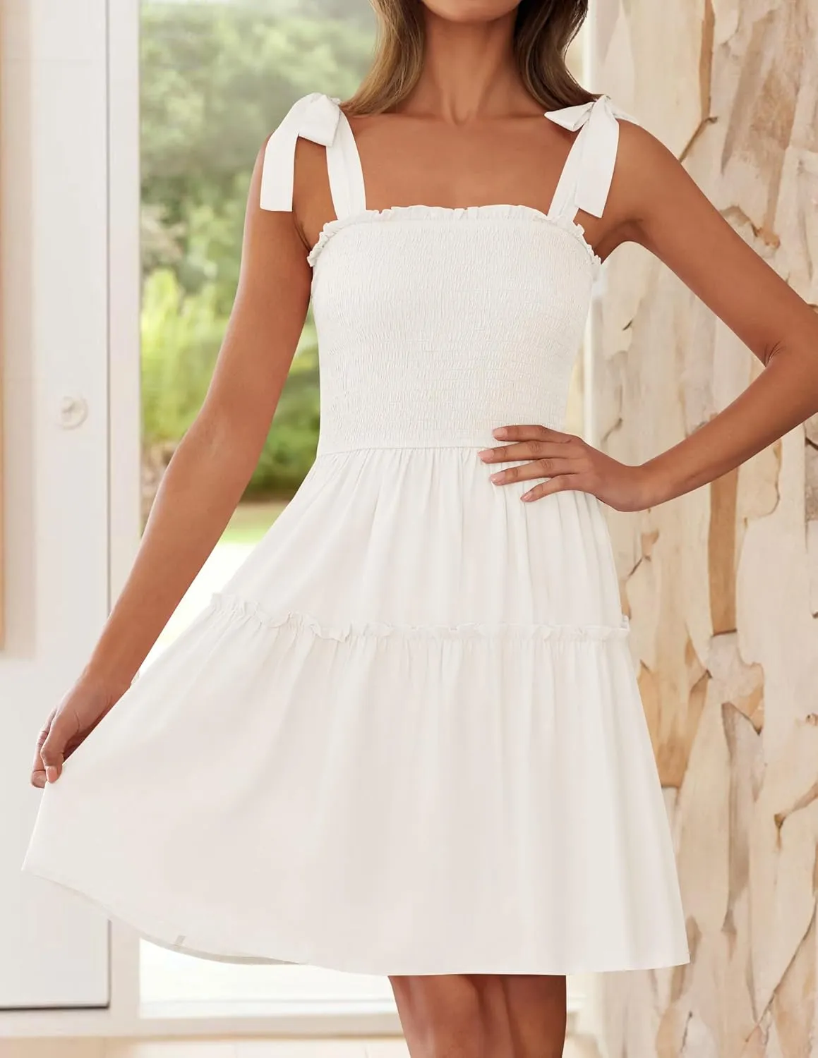 ZESICA Women's 2025 Summer Spaghetti Strap Sleeveless Square Neck Ruffle A Line Swing Mini Dress