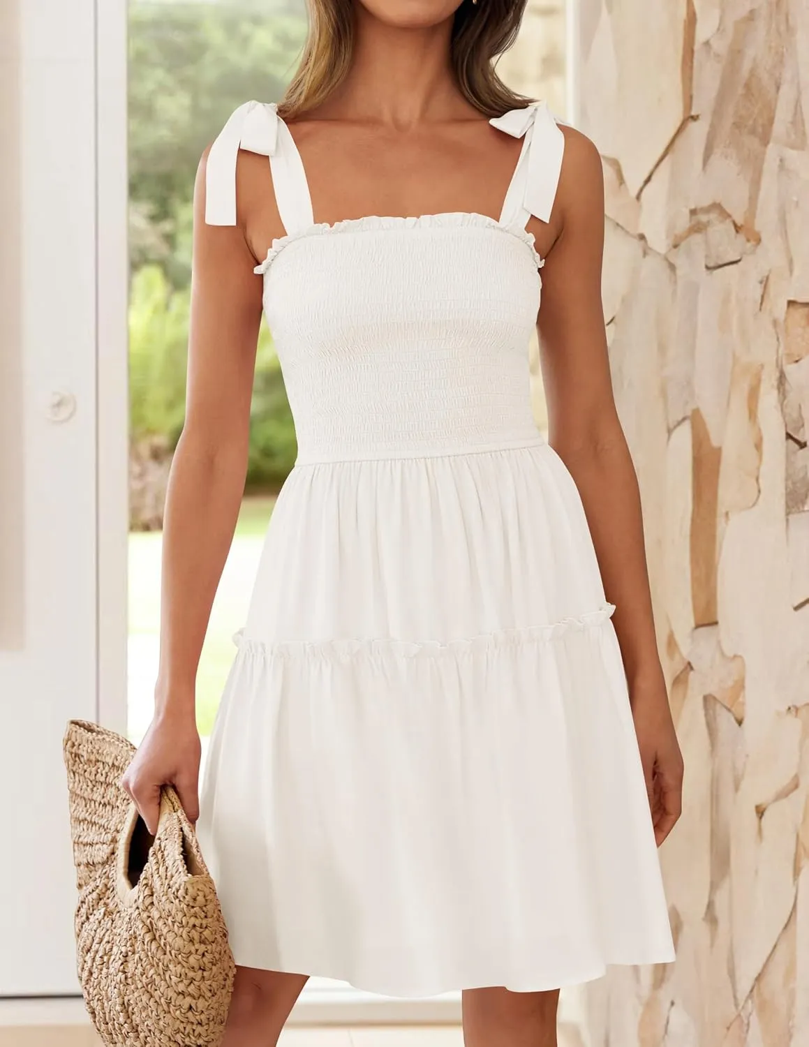 ZESICA Women's 2025 Summer Spaghetti Strap Sleeveless Square Neck Ruffle A Line Swing Mini Dress