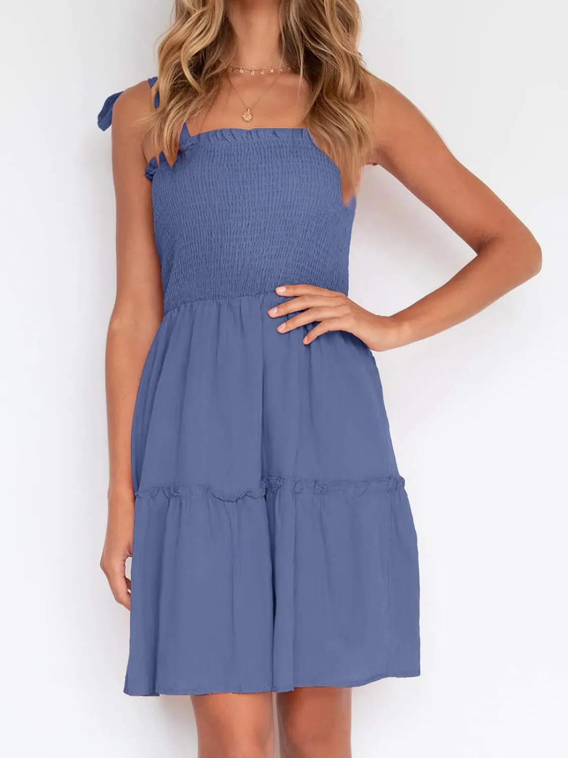 ZESICA Women's 2025 Summer Spaghetti Strap Sleeveless Square Neck Ruffle A Line Swing Mini Dress