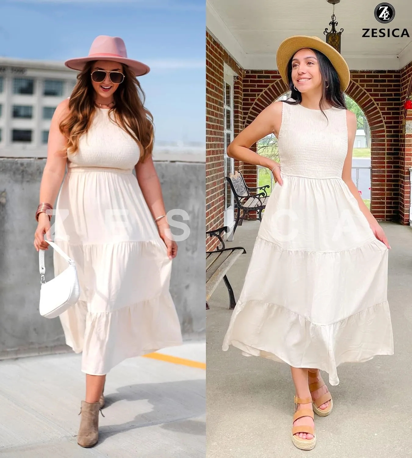 ZESICA Women's Summer Casual Sleeveless Crew Neck Smocked High Waist Flowy Tiered A Line Midi Dress