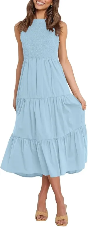 ZESICA Women's Summer Casual Sleeveless Crew Neck Smocked High Waist Flowy Tiered A Line Midi Dress