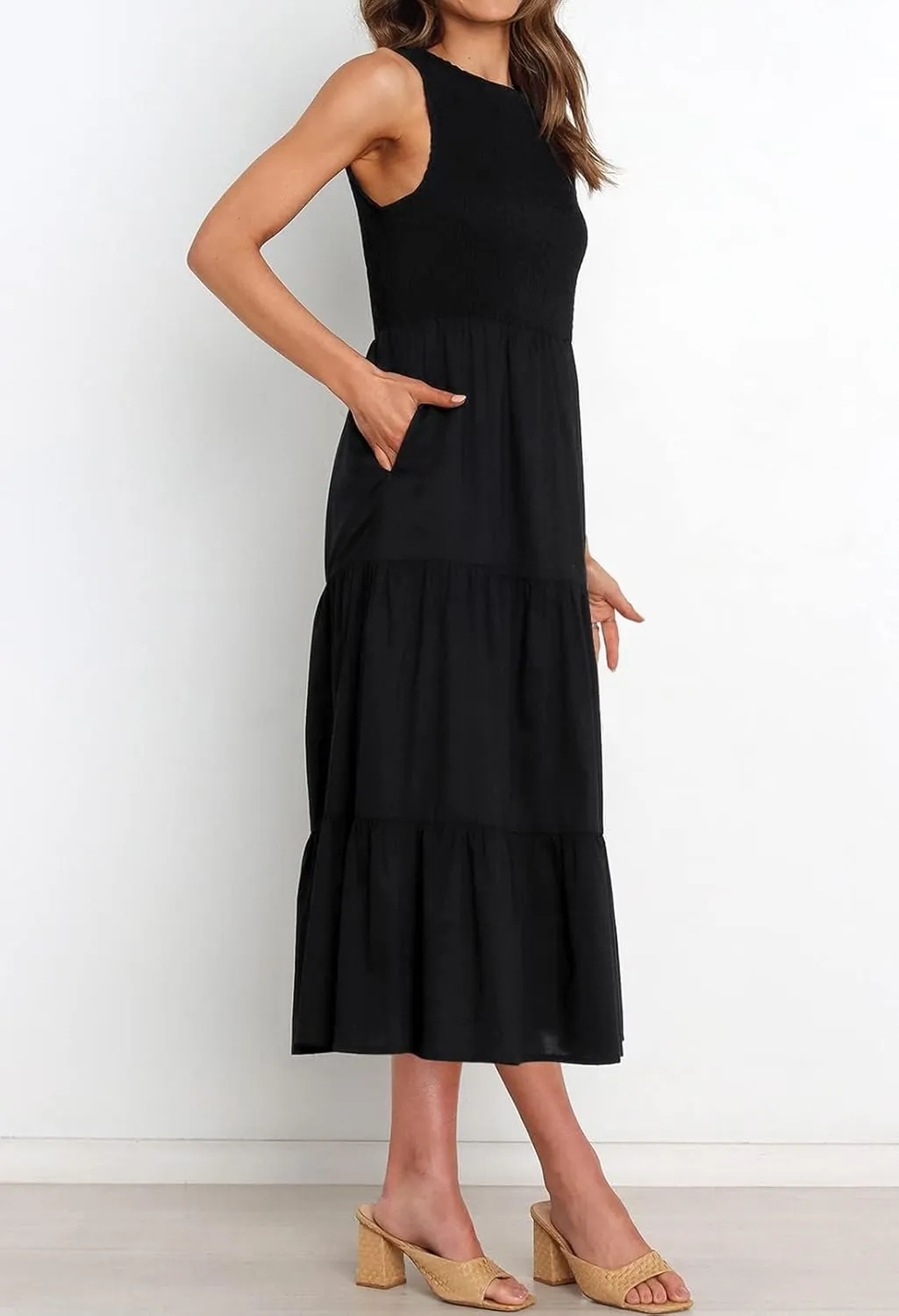 ZESICA Women's Summer Casual Sleeveless Crew Neck Smocked High Waist Flowy Tiered A Line Midi Dress