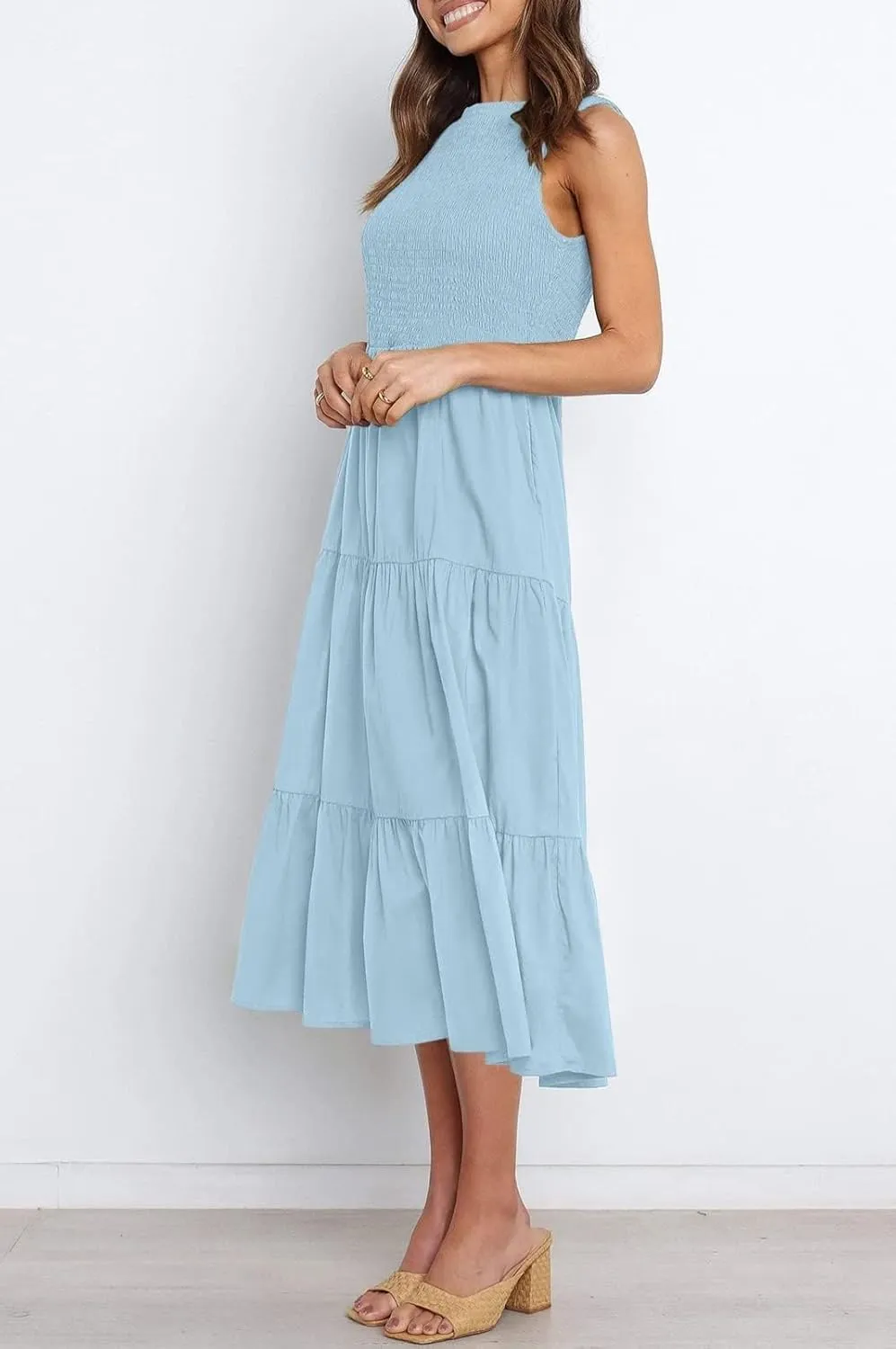 ZESICA Women's Summer Casual Sleeveless Crew Neck Smocked High Waist Flowy Tiered A Line Midi Dress