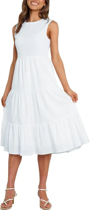 ZESICA Women's Summer Casual Sleeveless Crew Neck Smocked High Waist Flowy Tiered A Line Midi Dress