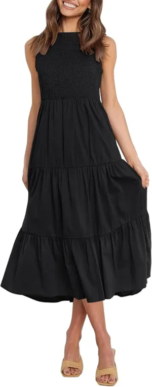 ZESICA Women's Summer Casual Sleeveless Crew Neck Smocked High Waist Flowy Tiered A Line Midi Dress