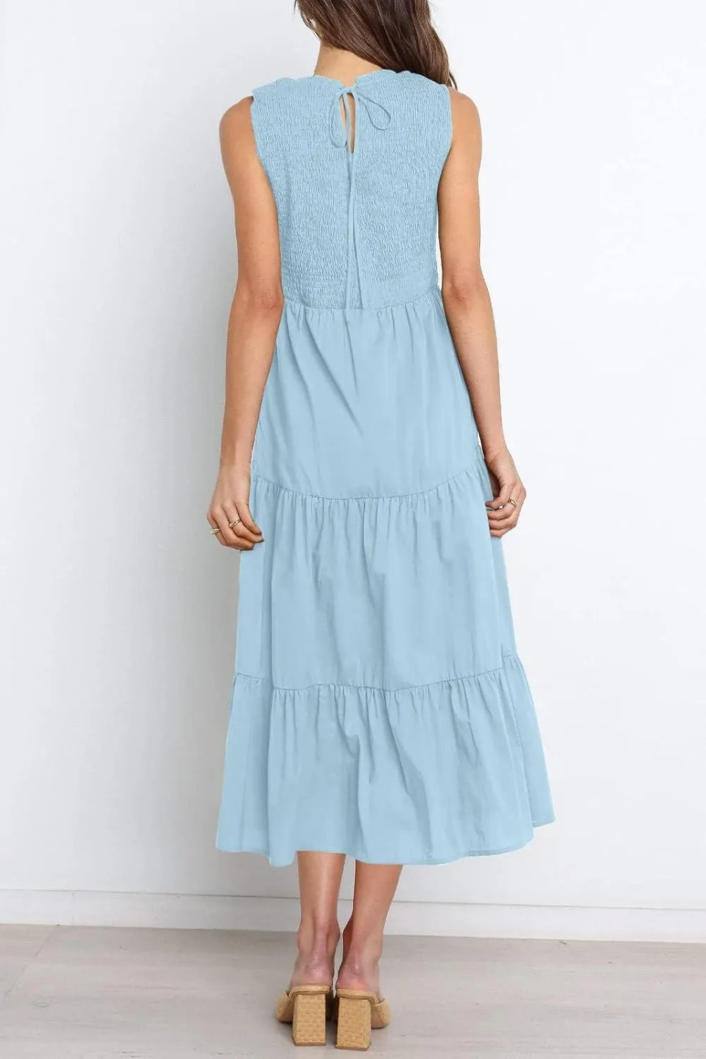 ZESICA Women's Summer Casual Sleeveless Crew Neck Smocked High Waist Flowy Tiered A Line Midi Dress