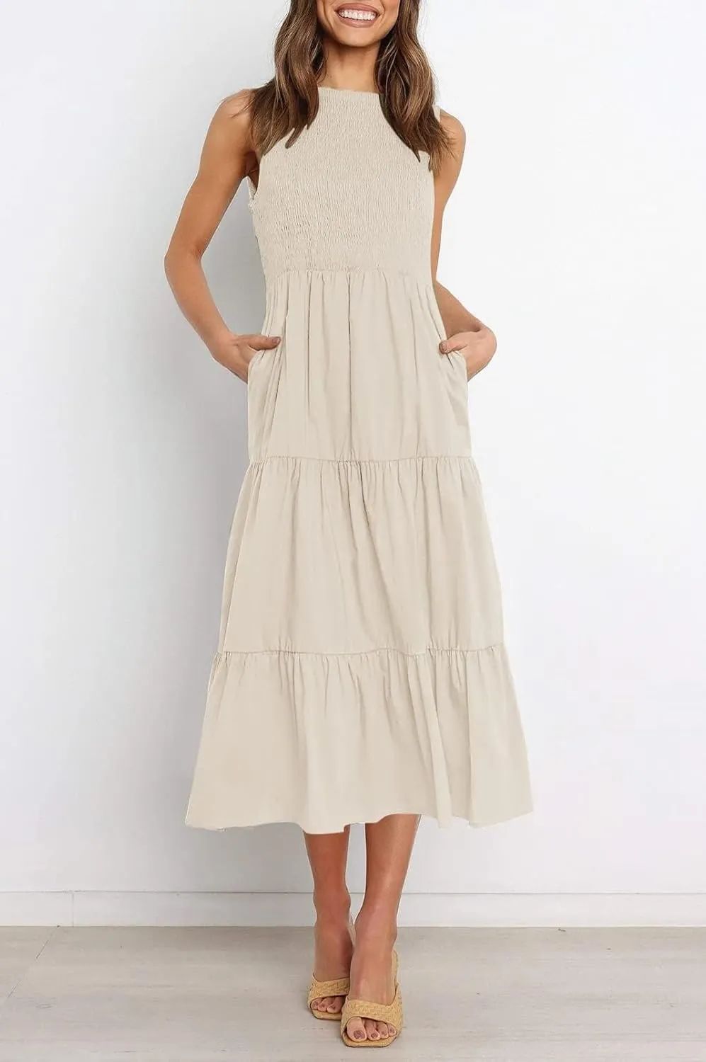 ZESICA Women's Summer Casual Sleeveless Crew Neck Smocked High Waist Flowy Tiered A Line Midi Dress