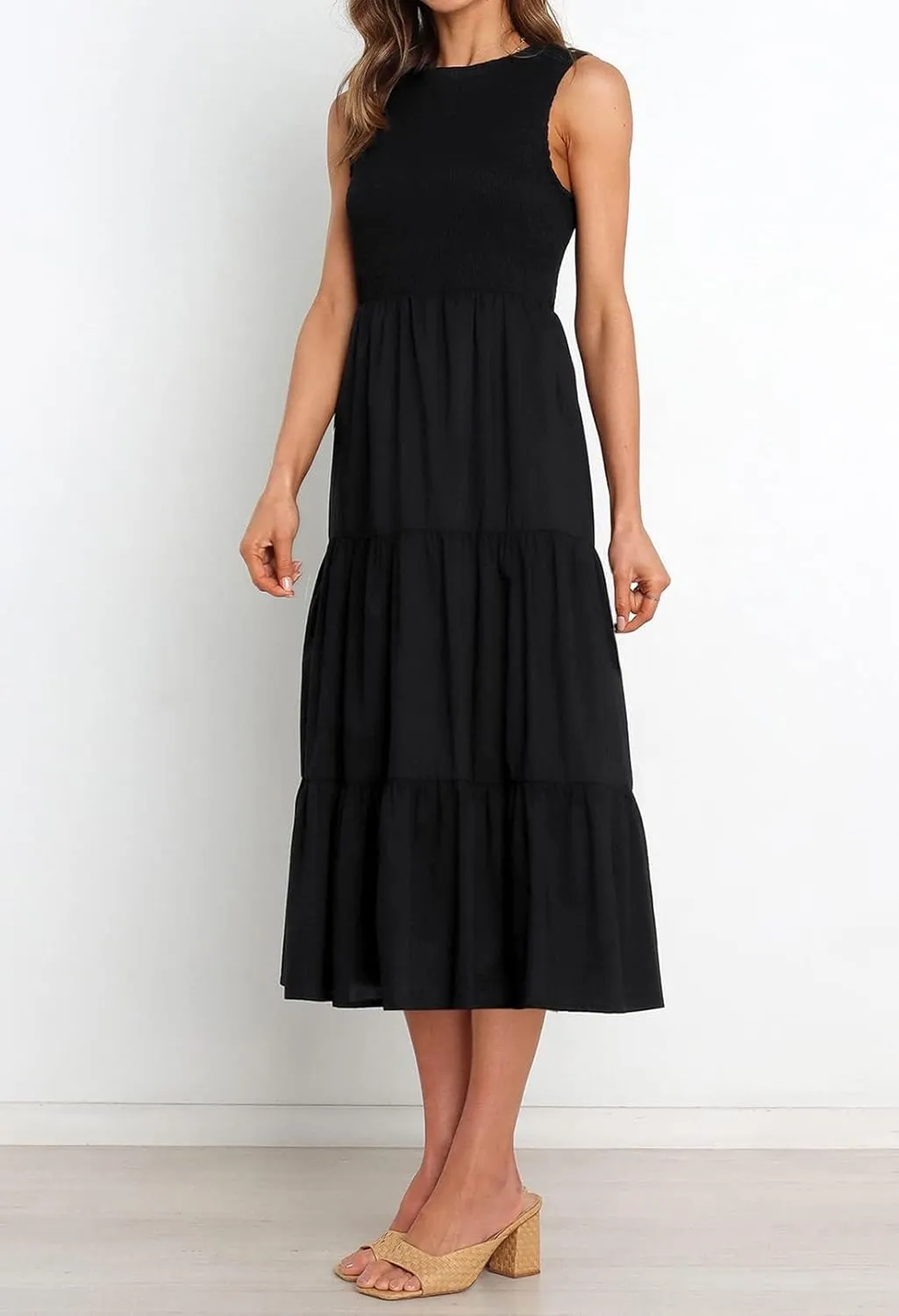 ZESICA Women's Summer Casual Sleeveless Crew Neck Smocked High Waist Flowy Tiered A Line Midi Dress