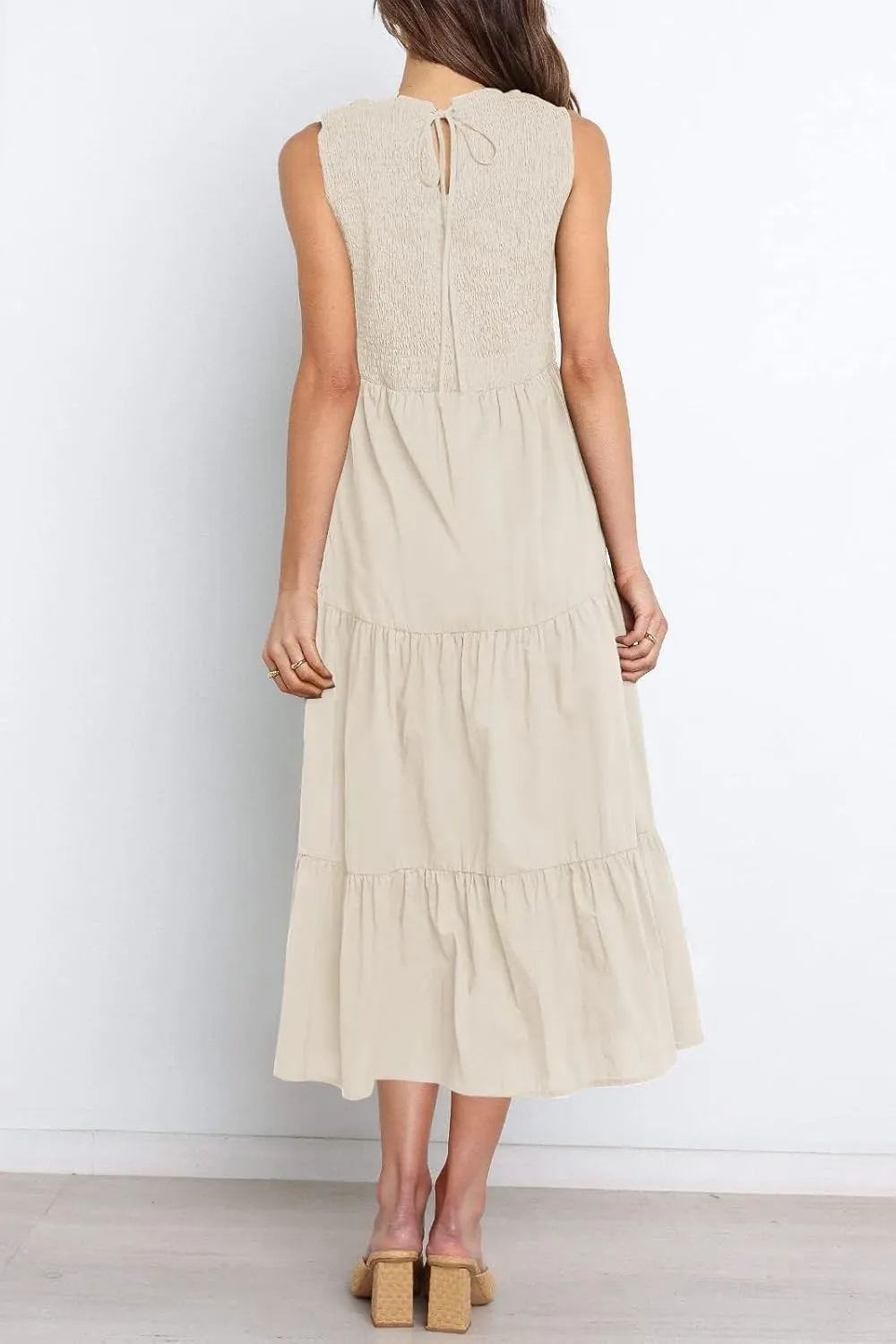 ZESICA Women's Summer Casual Sleeveless Crew Neck Smocked High Waist Flowy Tiered A Line Midi Dress