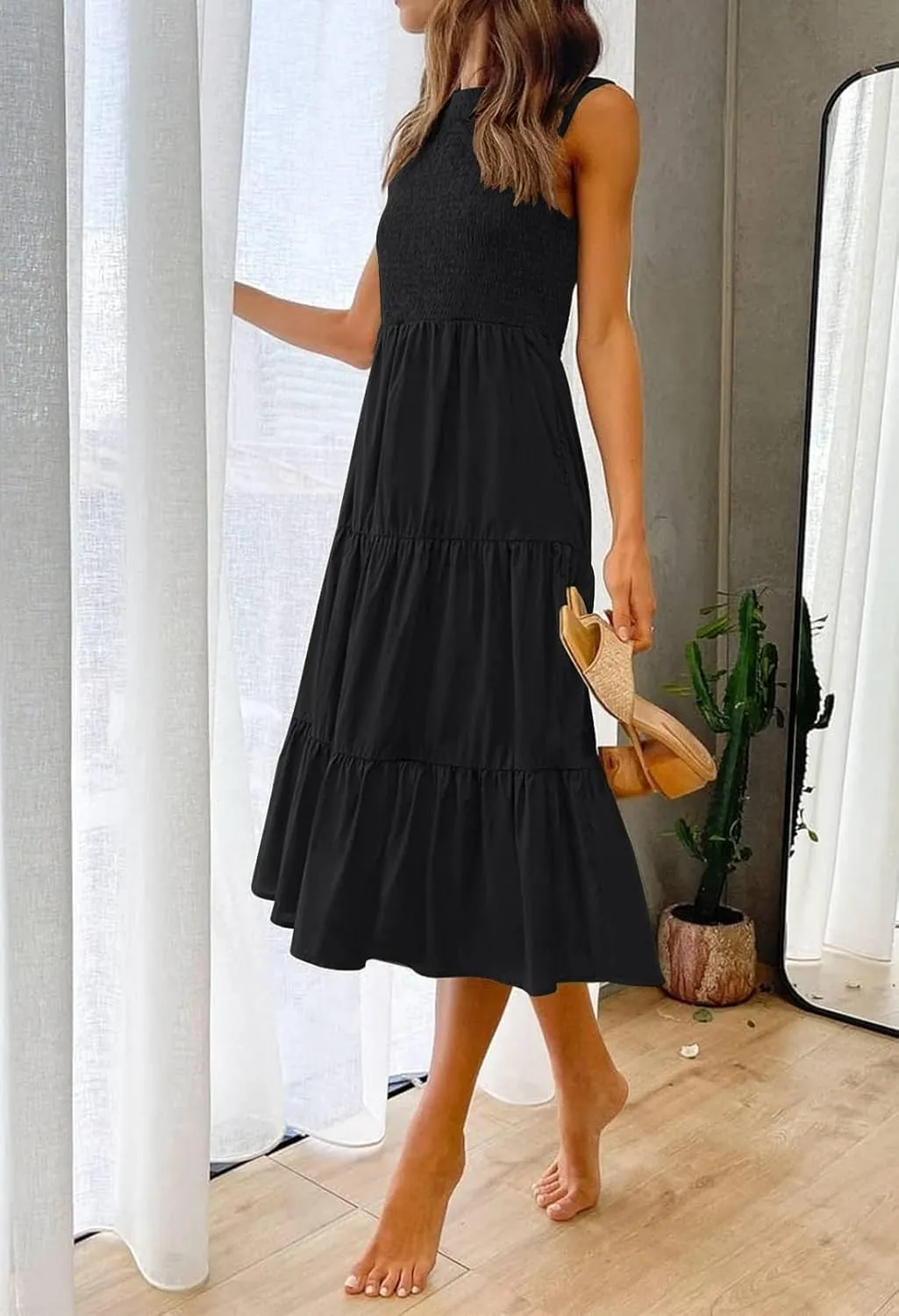 ZESICA Women's Summer Casual Sleeveless Crew Neck Smocked High Waist Flowy Tiered A Line Midi Dress
