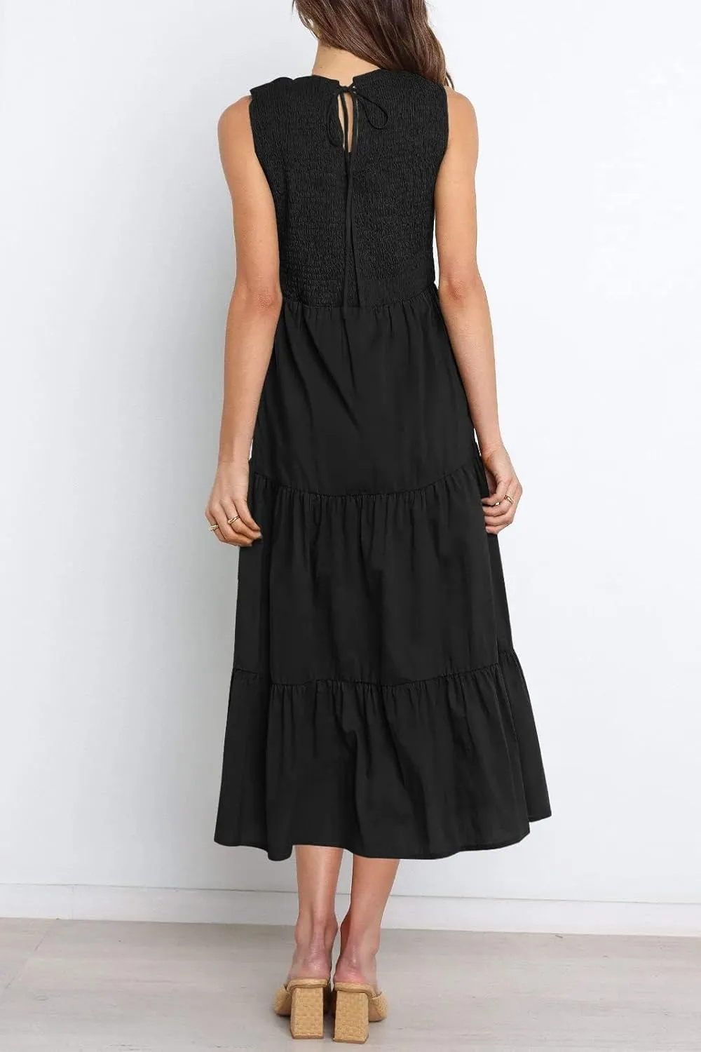 ZESICA Women's Summer Casual Sleeveless Crew Neck Smocked High Waist Flowy Tiered A Line Midi Dress