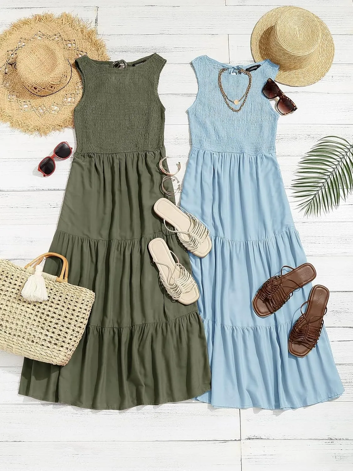 ZESICA Women's Summer Casual Sleeveless Crew Neck Smocked High Waist Flowy Tiered A Line Midi Dress