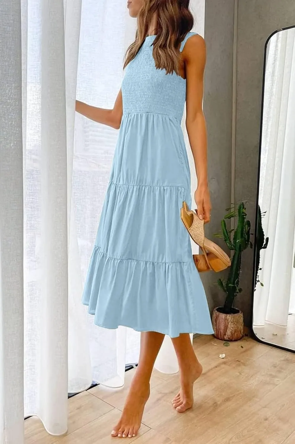 ZESICA Women's Summer Casual Sleeveless Crew Neck Smocked High Waist Flowy Tiered A Line Midi Dress