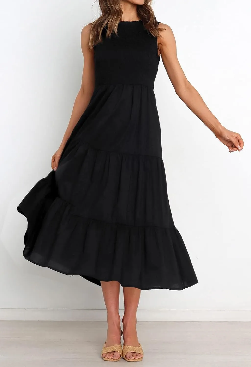 ZESICA Women's Summer Casual Sleeveless Crew Neck Smocked High Waist Flowy Tiered A Line Midi Dress