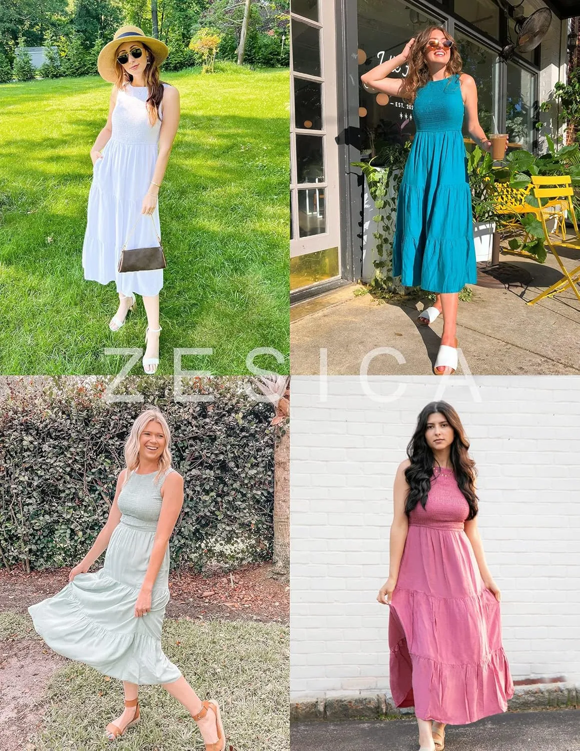 ZESICA Women's Summer Casual Sleeveless Crew Neck Smocked High Waist Flowy Tiered A Line Midi Dress