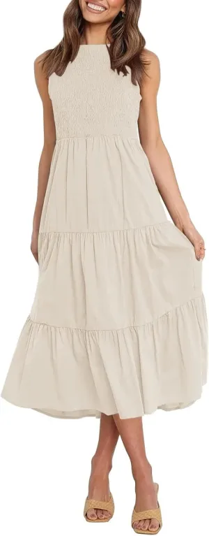 ZESICA Women's Summer Casual Sleeveless Crew Neck Smocked High Waist Flowy Tiered A Line Midi Dress