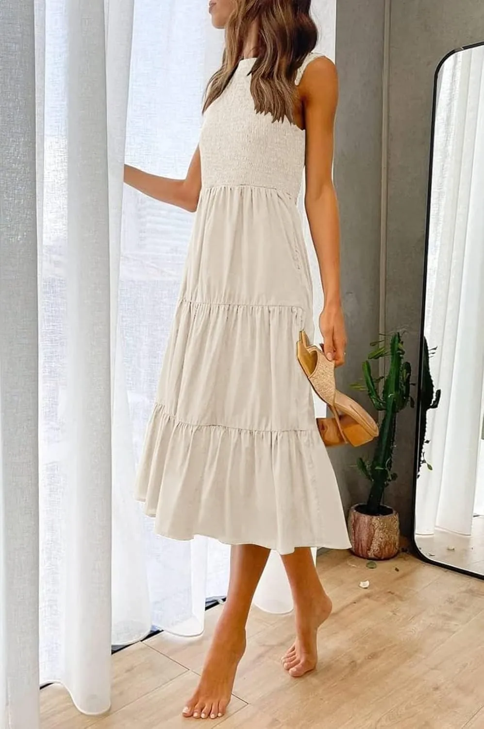 ZESICA Women's Summer Casual Sleeveless Crew Neck Smocked High Waist Flowy Tiered A Line Midi Dress