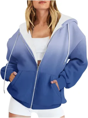 Zip Up Hoodie for Women Gradient Colors Y2K Sweatshirt Hoodies Sweater Casual Fleece Lined Track Jackets with Pockets