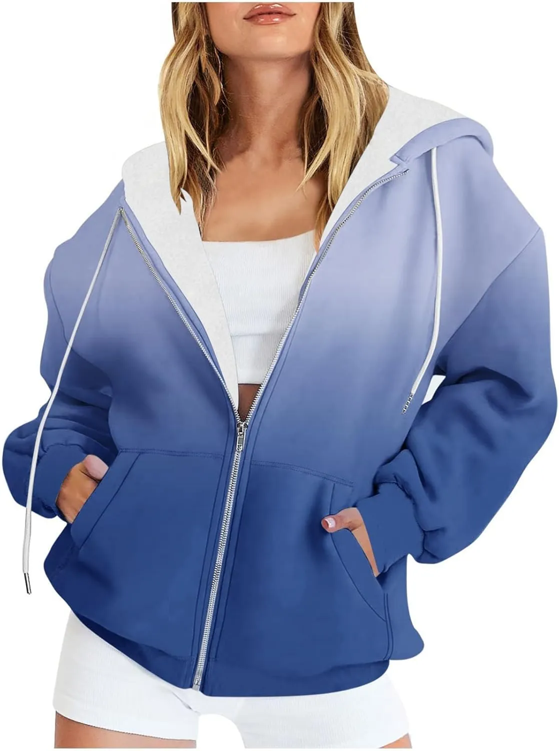 Zip Up Hoodie for Women Gradient Colors Y2K Sweatshirt Hoodies Sweater Casual Fleece Lined Track Jackets with Pockets