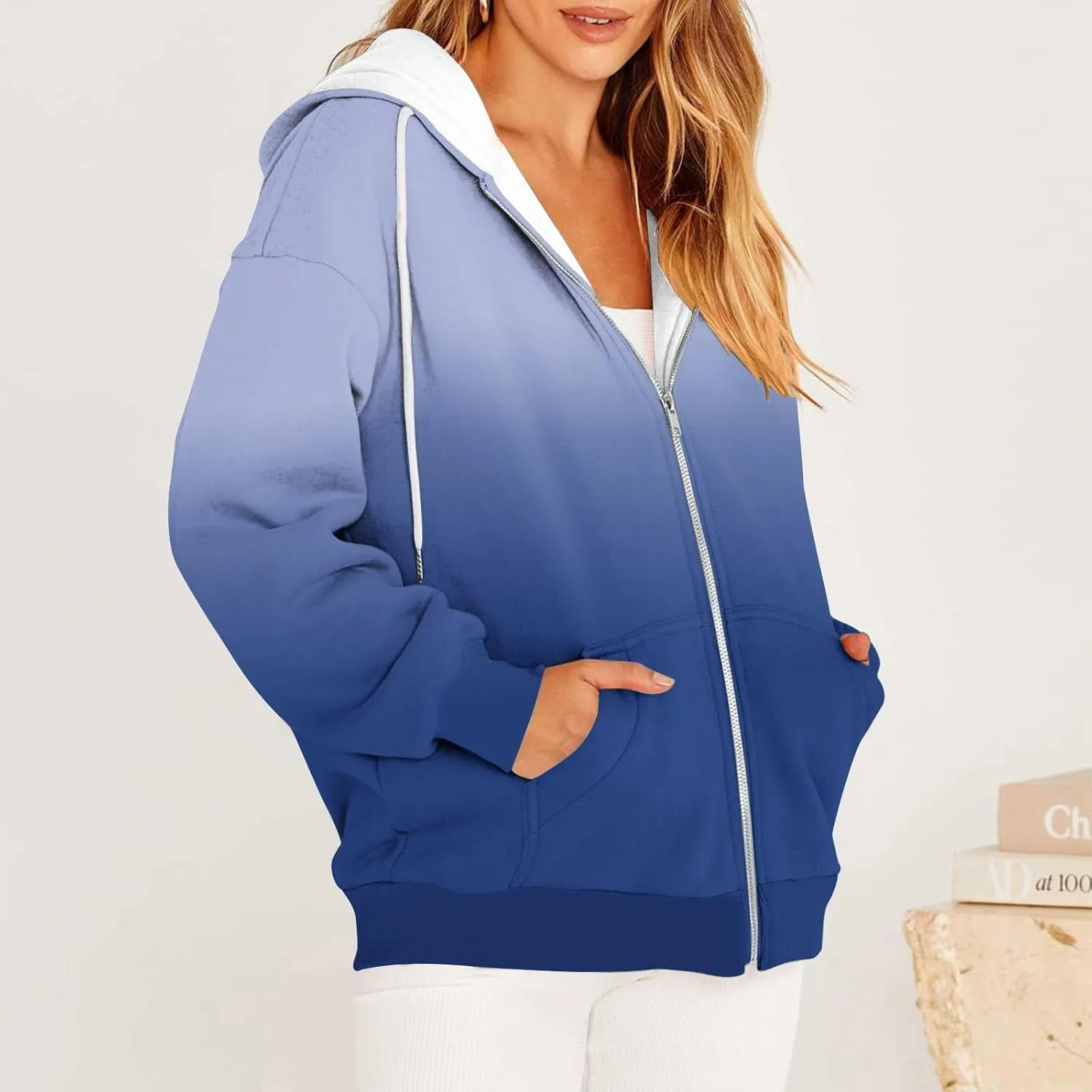 Zip Up Hoodie for Women Gradient Colors Y2K Sweatshirt Hoodies Sweater Casual Fleece Lined Track Jackets with Pockets